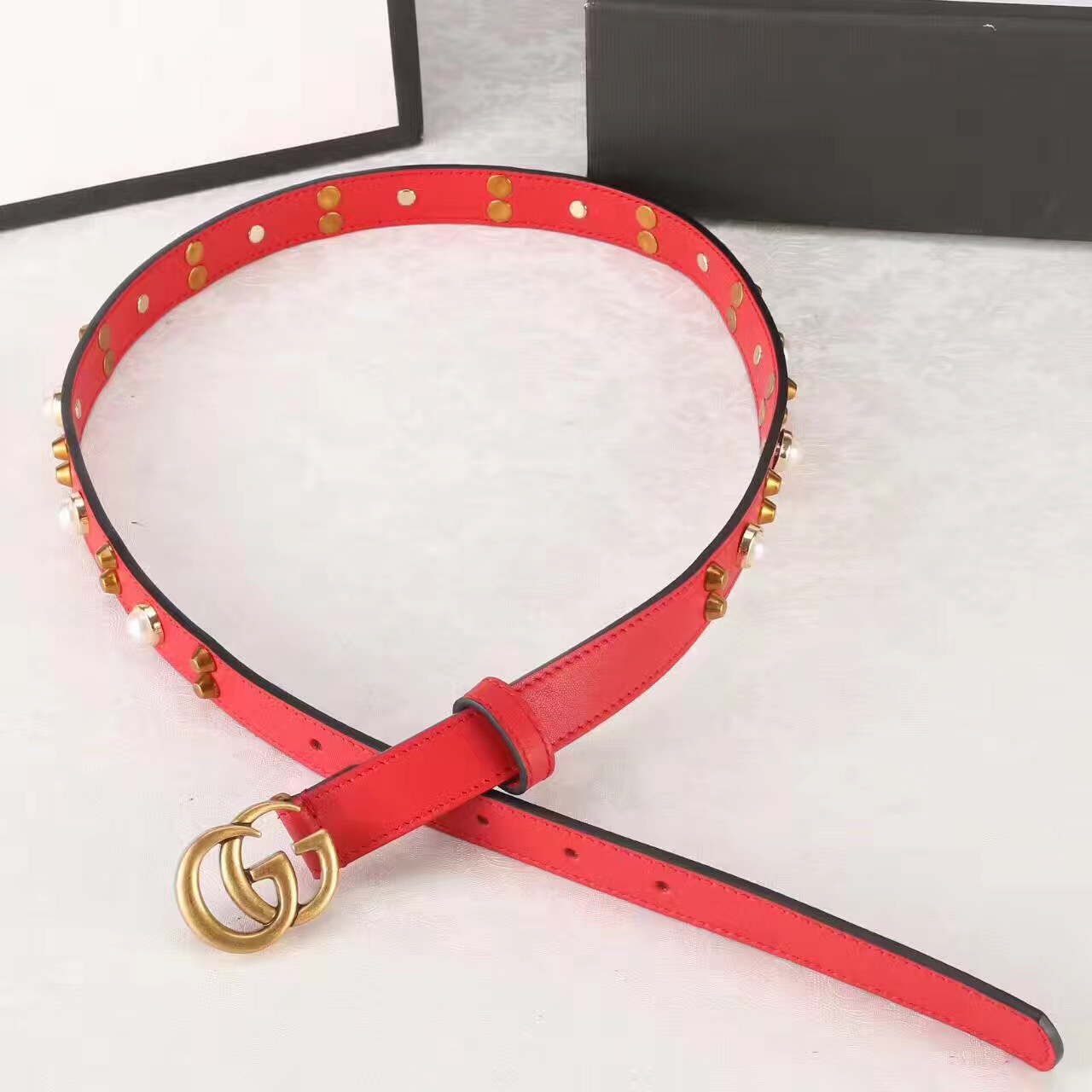 Studded leather belt WITH DOUBLE G BUCKLE, GUCCI Belts