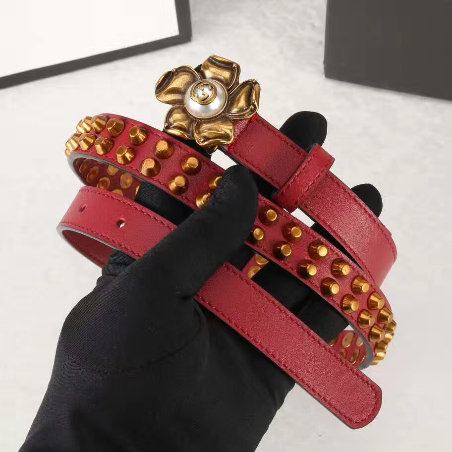 Studded leather belt WITH metal FLOWER, GUCCI Belts