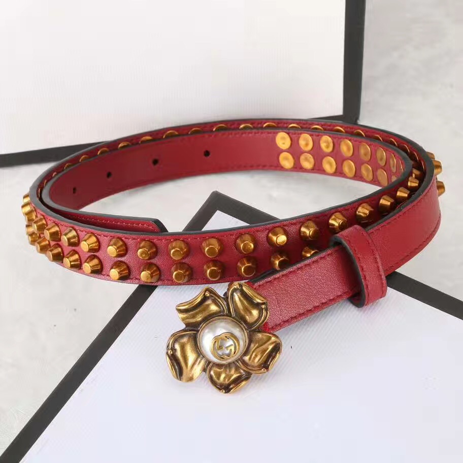 Studded leather belt WITH metal FLOWER, GUCCI Belts